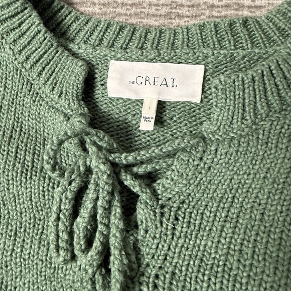 THE GREAT Green V Neck Lace-Up Pullover Sweater Cotton Size 1 - Picture 4 of 7
